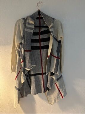 Cozy Plaid Open Front Cardigan - Cream, Black & Red